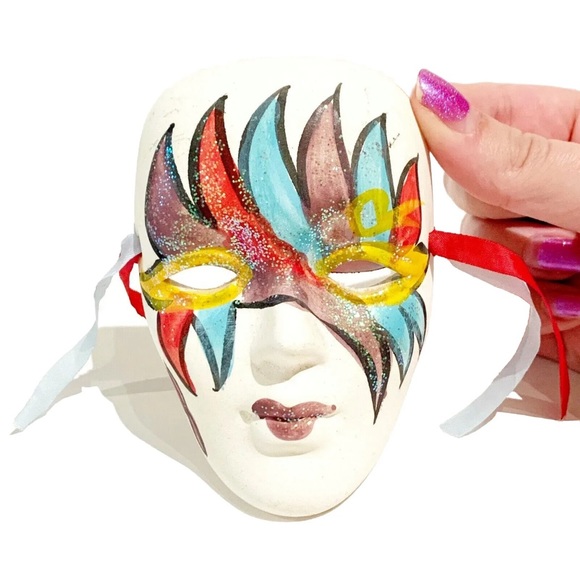 Set of 2 Ceramic Painted Small Venetian-Style Masks Sparkly Pink Blue Red Ribbon - Picture 2 of 8